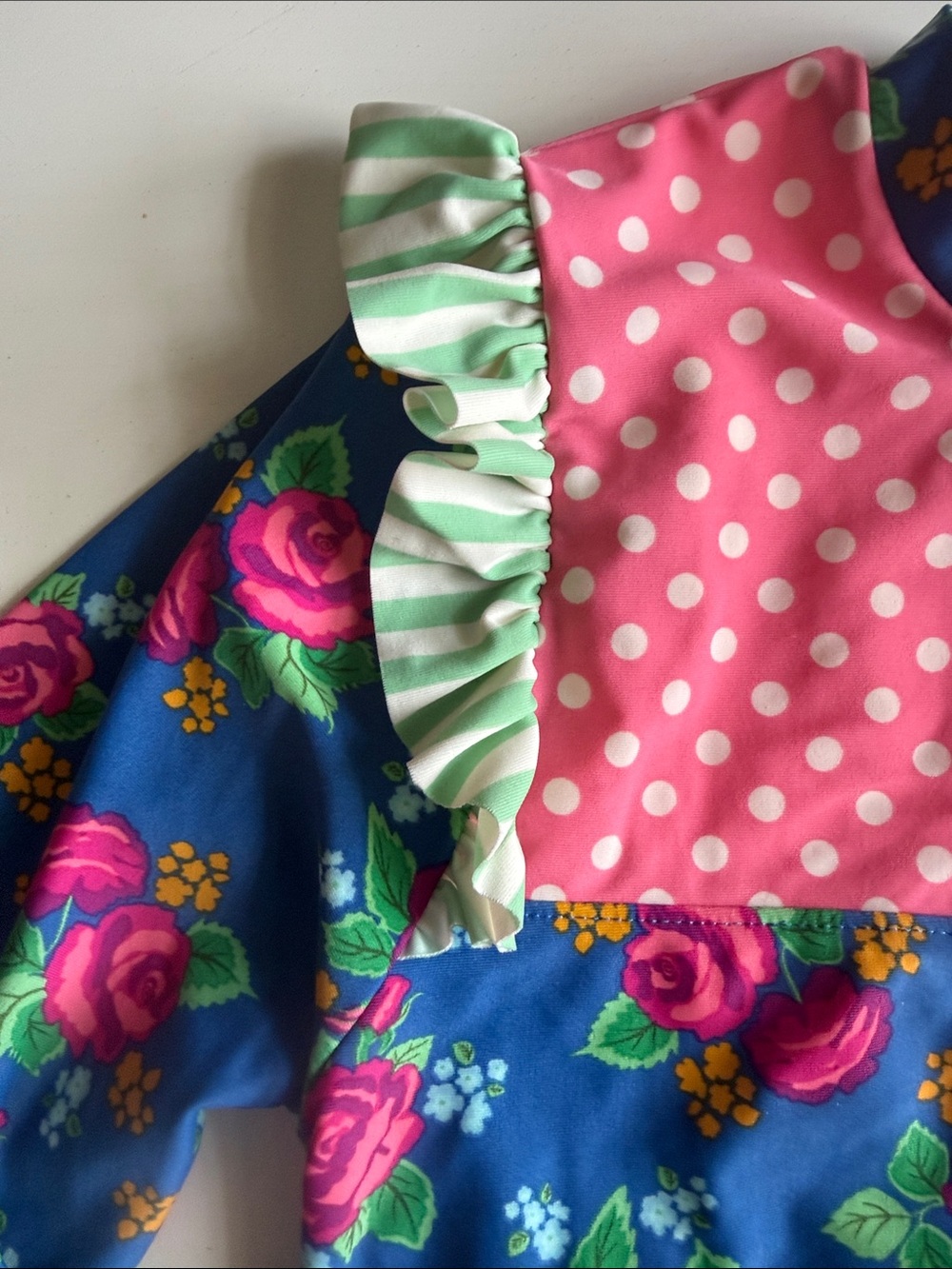Matilda Jane Blue Floral Rashguard with Pink Polka Dot Yoke Sz 12 EU - Picture 4 of 13